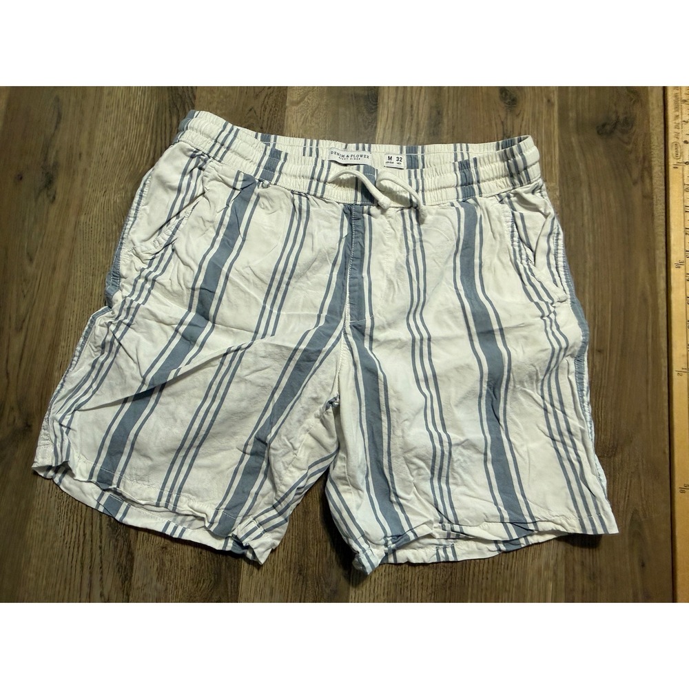 Denim & Flower Ricky Singh Shorts Mens Size 32 White Blue Striped Linen Blend